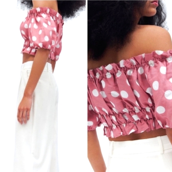 Zara Tops - Zara Womens Pink and White Polka Dot Off-Shoulder Linen Crop Top Size XS